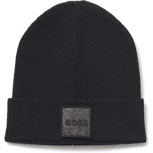 BOSS Men’s Ribbed Beanie with Felt Woven Center Logo(Stormy Black)