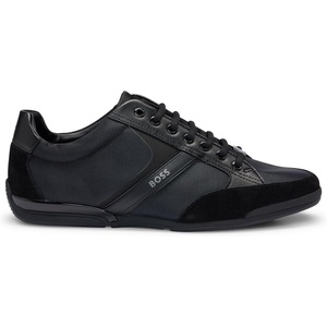 BOSS Men’s Saturn Lowp Sneakers in Mixed Materials with Faux Leather and Suede(Black)