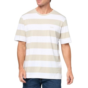 BOSS Men’s Small Logo Bold Stripe Short Sleeve T-Shirt(Peyote Beige Stripe)