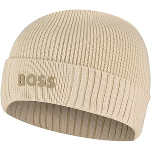 BOSS Mens Small Logo Cotton Blend Knit Hat(Light Beige)