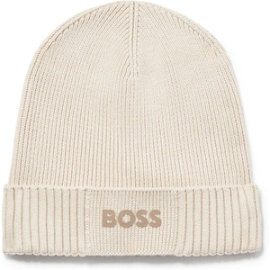 BOSS Mens Small Logo Cotton Blend Knit Hat(Milky Way)