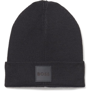 BOSS Men’s Square Logo Ribbed Beanie(Black Gloss)