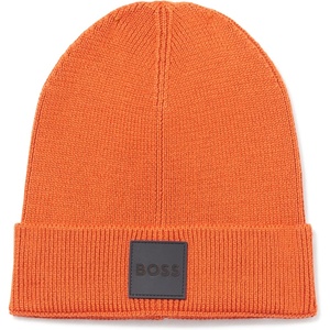 BOSS Men’s Square Logo Ribbed Beanie(Hot Orange)