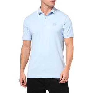 BOSS Mens Square Patch Logo Slim Fit Cotton Polo Shirt(Chambray Blue)