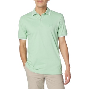 BOSS Mens Square Patch Logo Slim Fit Cotton Polo Shirt(Green Bouquet)