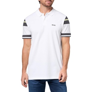 BOSS Men’s Stripe Sleeve Interlock Cotton Polo Shirt(White Gloss)