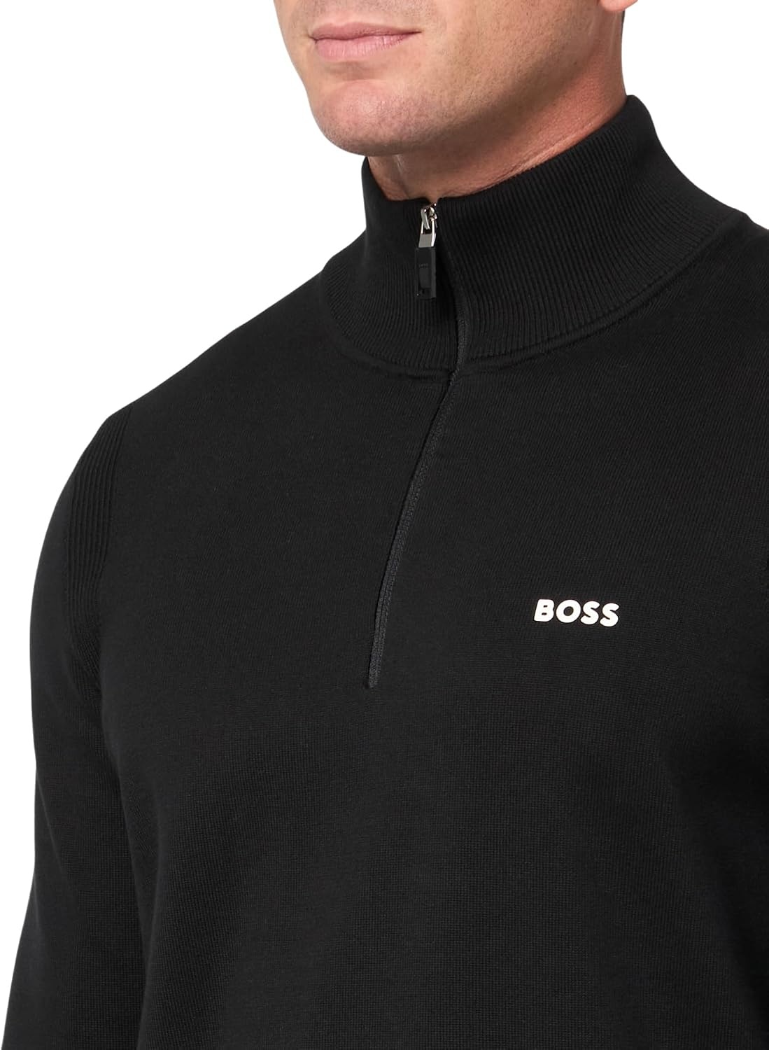 image:imageBOSS Mens Tech Flex Cotton Stretch Quarter Zip Knit SweaterBlack Sky