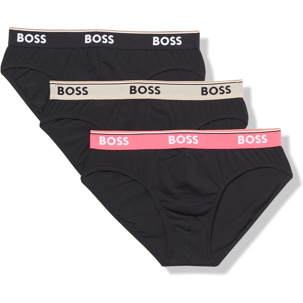 image:imageBOSS Mens 3pack Classic Regular Fit Stretch BriefsBeige BandBlack BandPink Punch Band