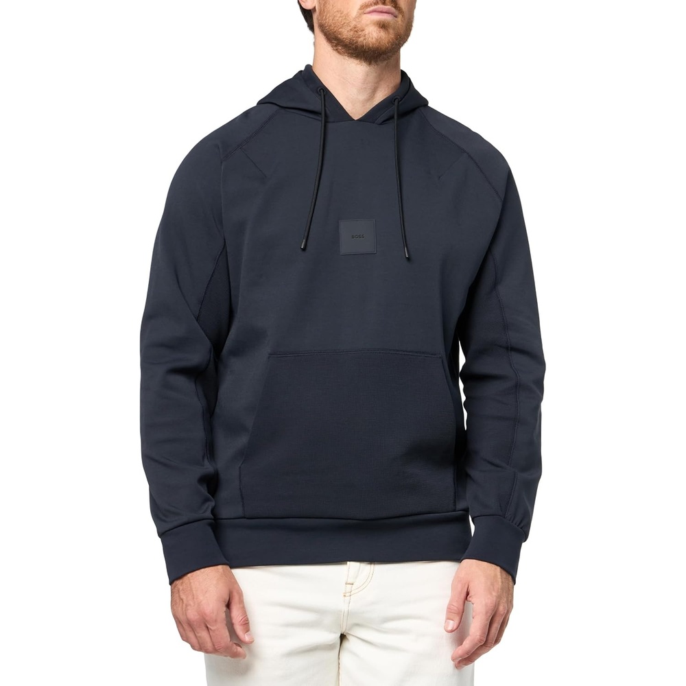 image:imageBOSS Mens Badge Logo Cotton Blend Hooded SweatshirtPremium Navy