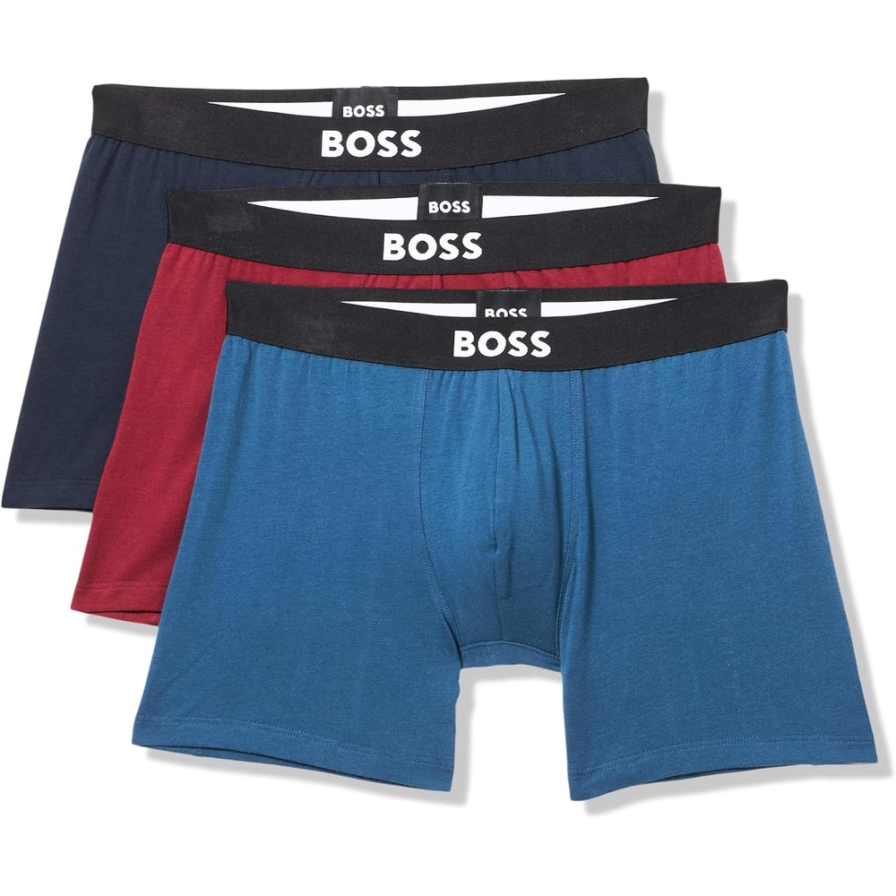 image:imageBOSS Mens Bold Logo 3 Pack Smooth Boxer BriefsNavyMerry RedPeacock Blue