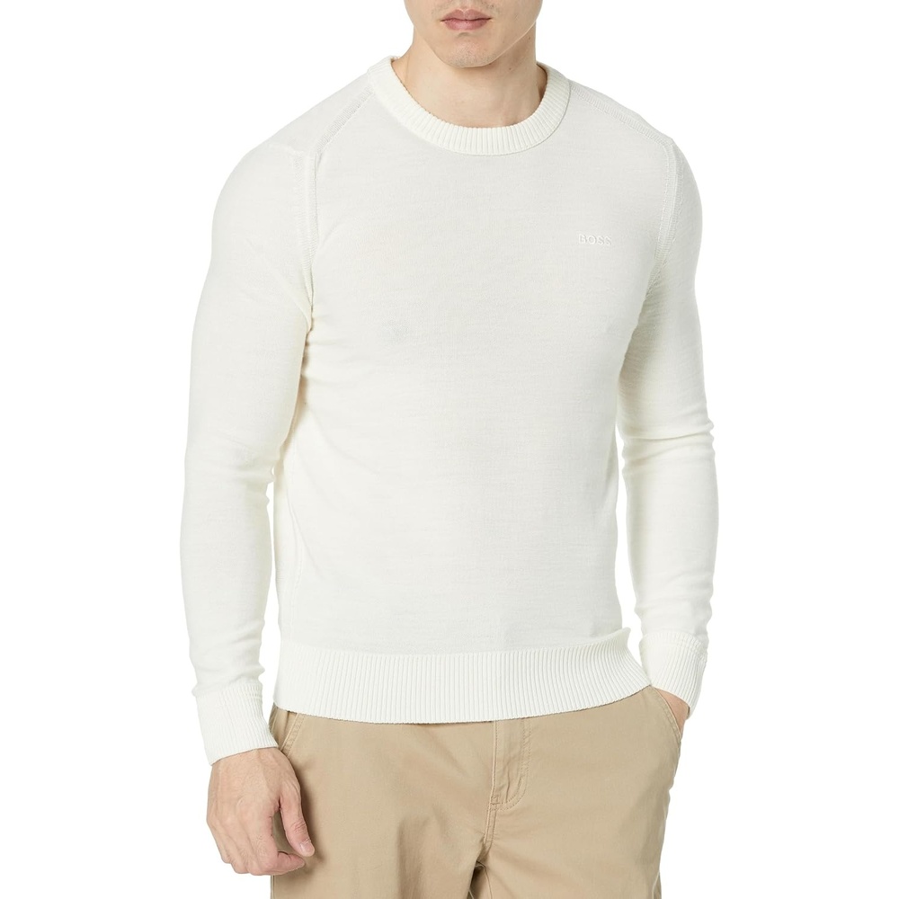 image:imageBOSS Mens Brand Embroidered Wool Blend Sweater in Reverse KnitAlmond Milk White