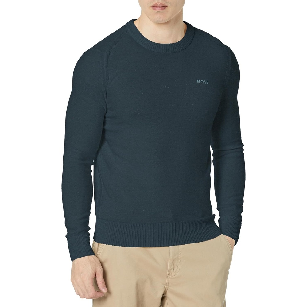 image:imageBOSS Mens Brand Embroidered Wool Blend Sweater in Reverse KnitGlitch Green