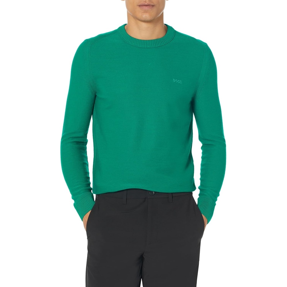 image:imageBOSS Mens Brand Embroidered Wool Blend Sweater in Reverse KnitMeta Green