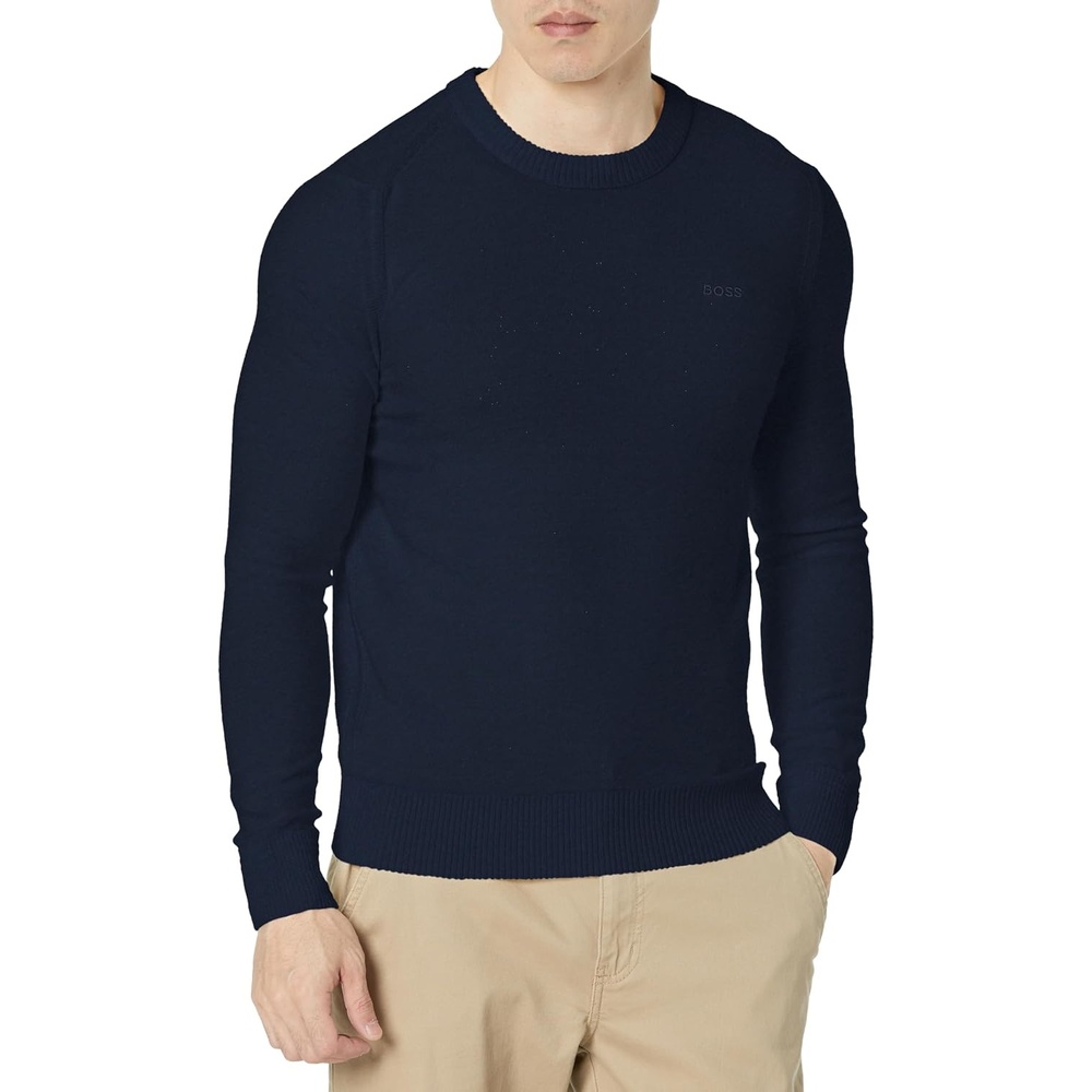 image:imageBOSS Mens Brand Embroidered Wool Blend Sweater in Reverse KnitSky Captain Blue