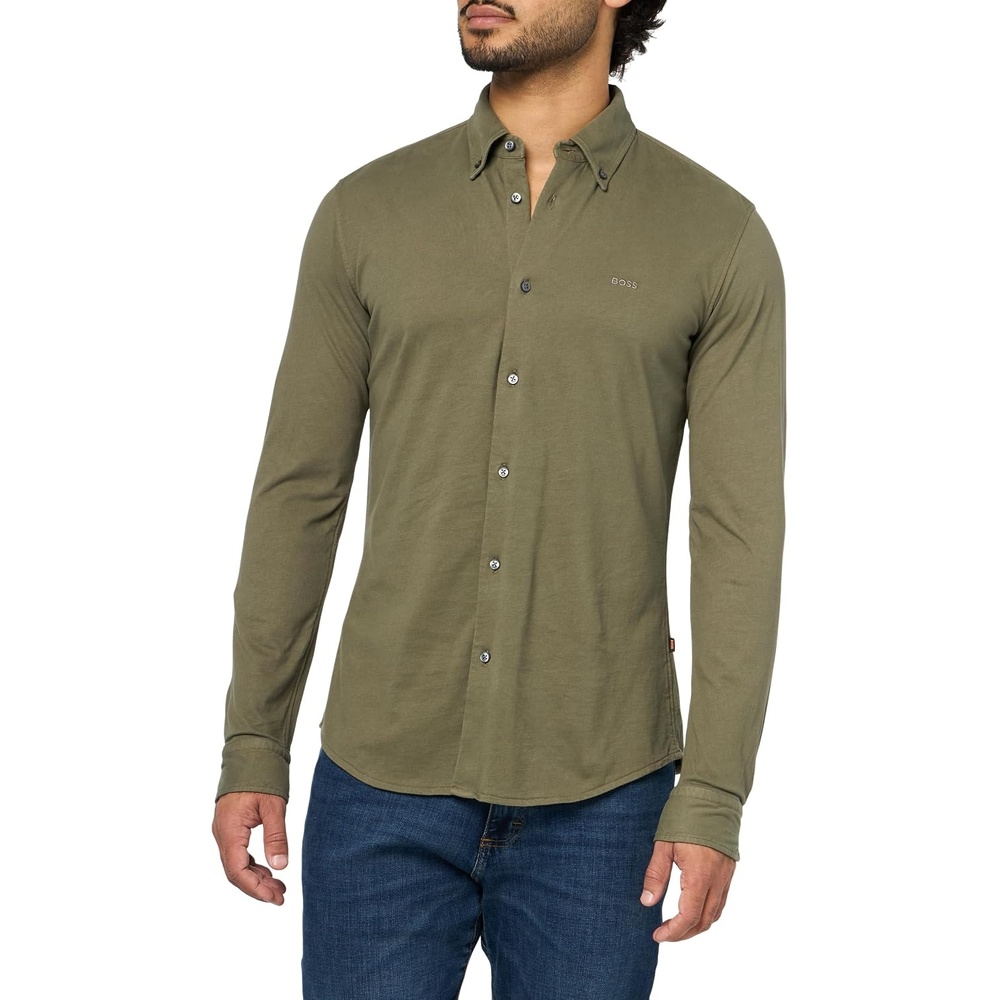 image:imageBOSS Mens Garment Dyed Jersey Button Down ShirtKalamata Green