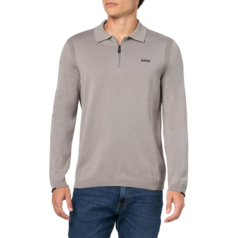 image:imageBOSS Mens Knitted Quarter Zip Pullover Light Cotton SweaterFrost Grey