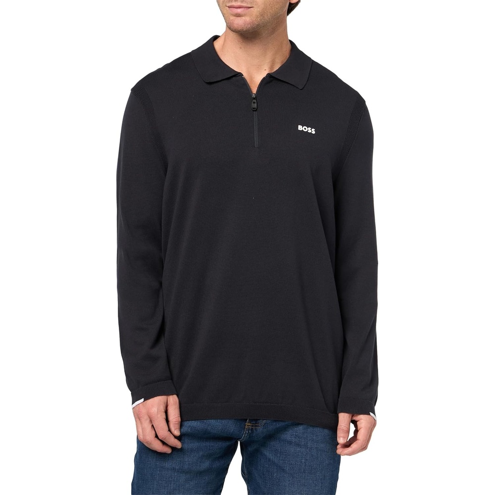 image:imageBOSS Mens Knitted Quarter Zip Pullover Light Cotton SweaterNight Tide