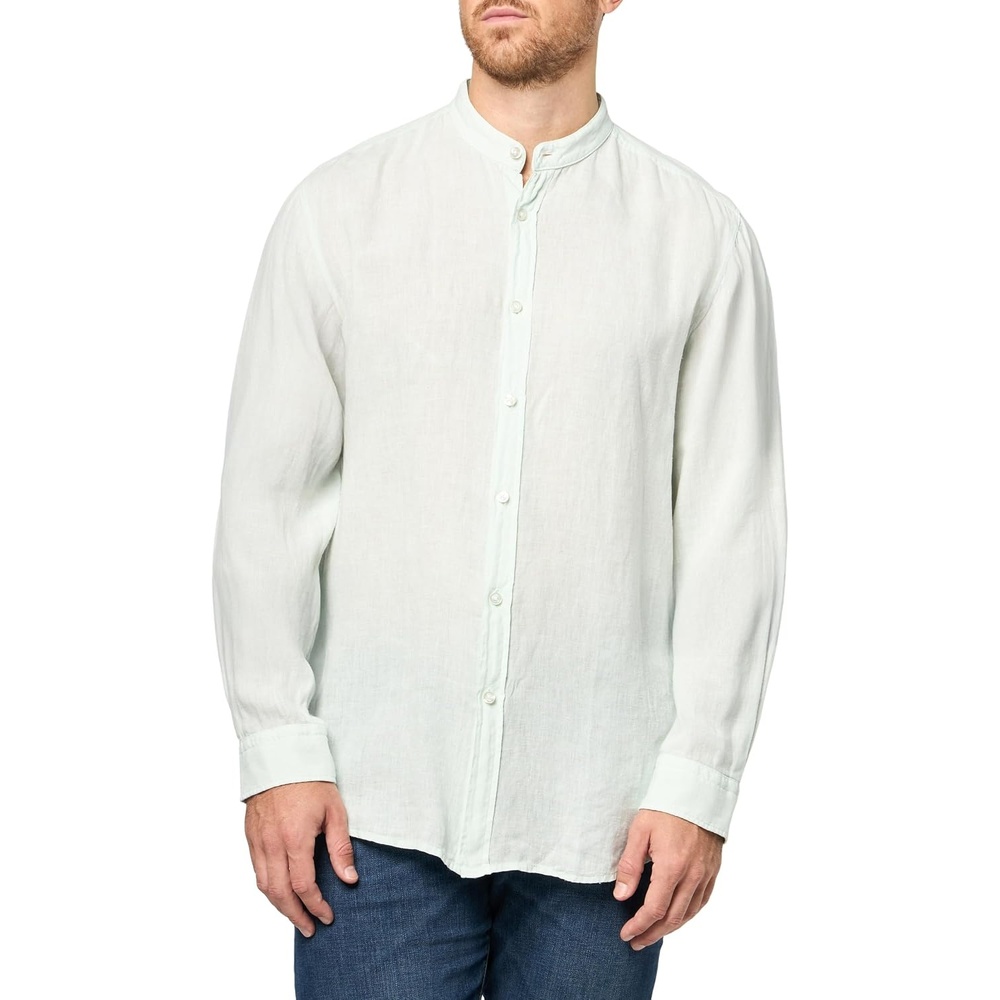 image:imageBOSS Mens Linen Mandarin Collar Button Down ShirtOpen Air Blue