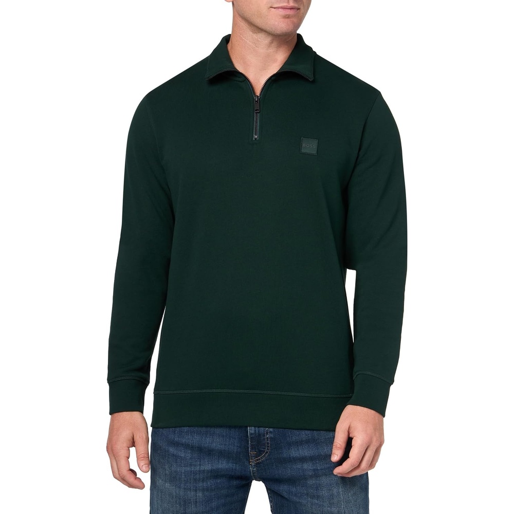 image:imageBOSS Mens Patch Logo French Terry Quarter Zip Up SweatshirtDark Forest Green