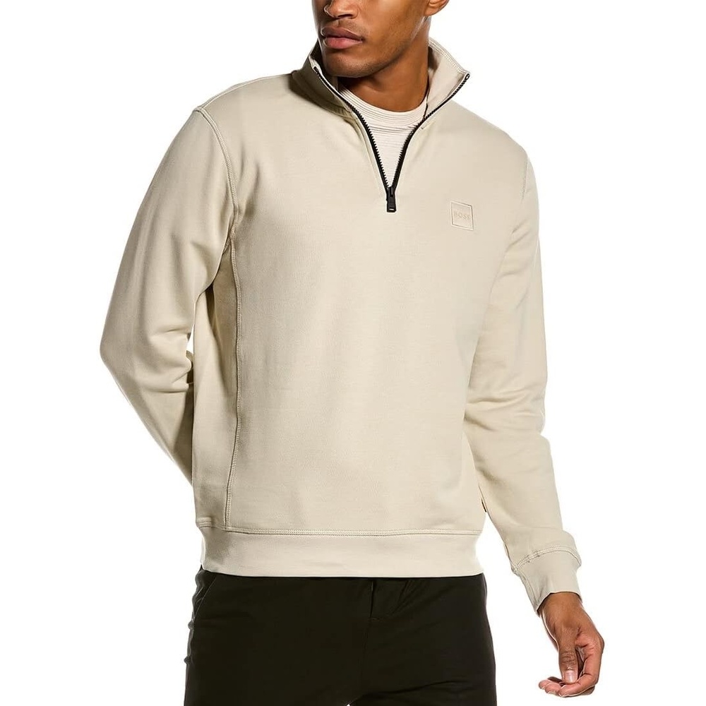 image:imageBOSS Mens Patch Logo French Terry Quarter Zip Up SweatshirtDessert Beige