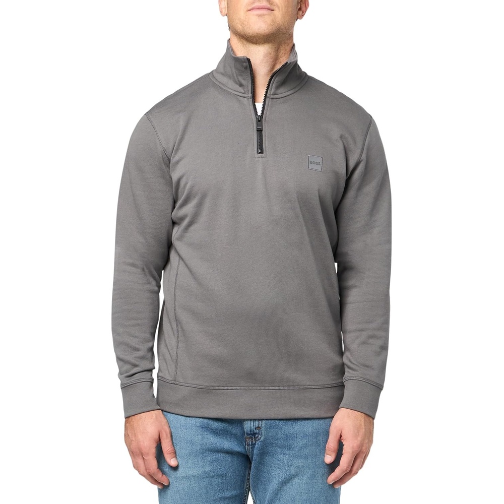 image:imageBOSS Mens Patch Logo French Terry Quarter Zip Up SweatshirtMushroom Grey