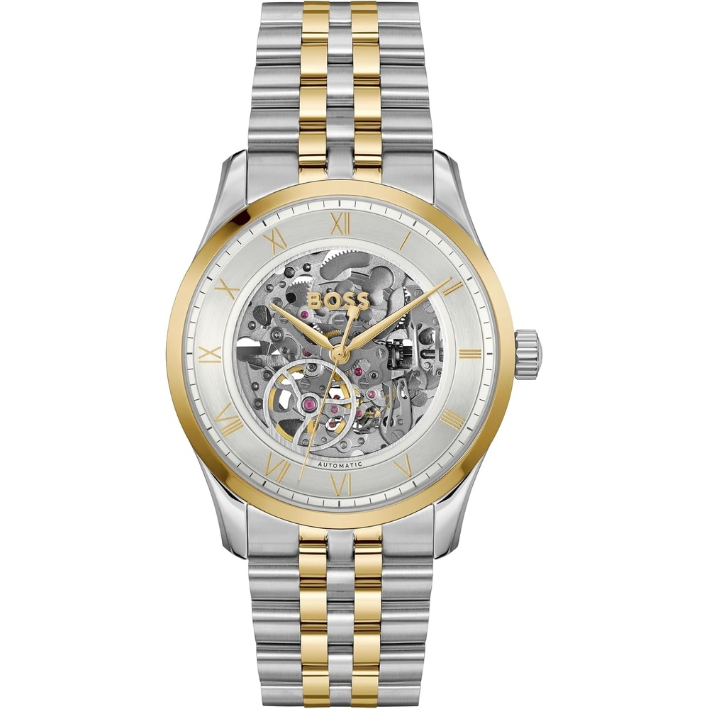 image:imageBOSS Mens Principle Automatic Watch  Stainless Steel Case Japanese Movement 42 Hour Power Reserve Skeleton Dial Exhibition Case Back  Luxury Timepiece Gift for HimTwo Tone