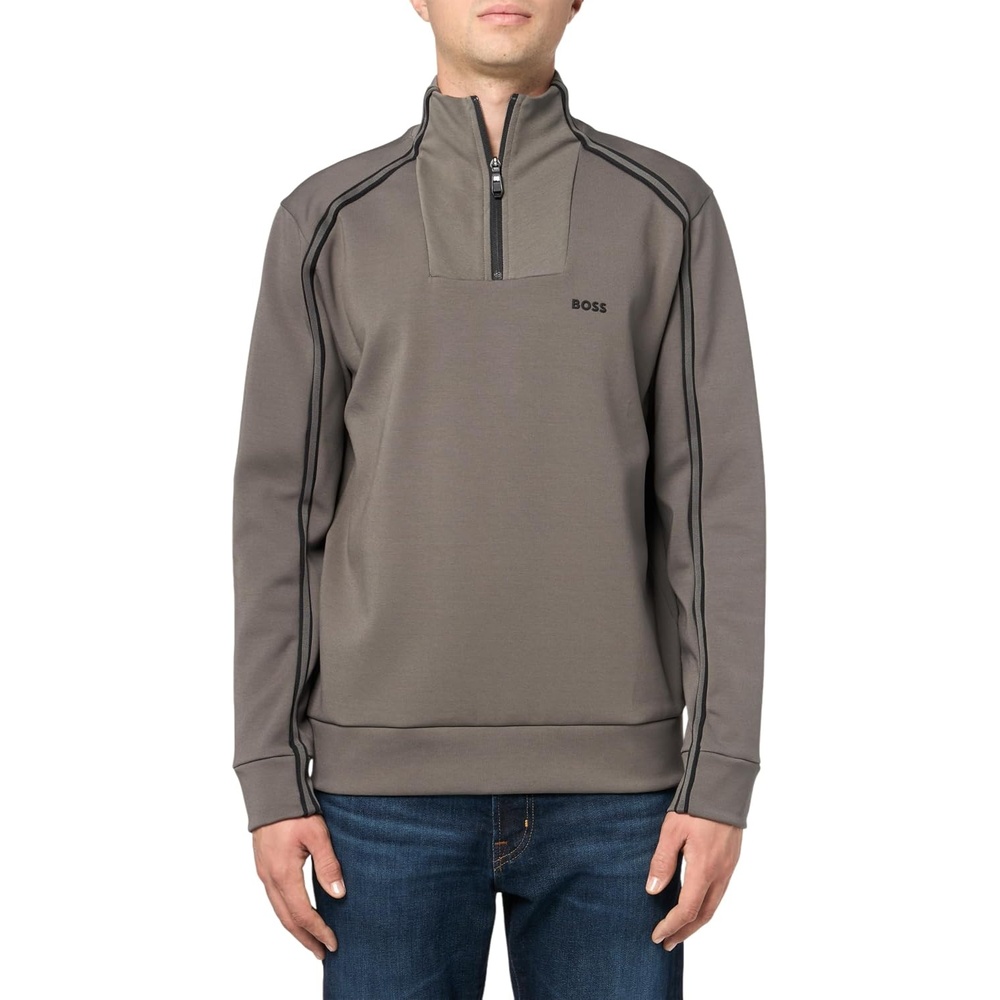image:imageBOSS Mens Small Logo Cotton Blend Quarter Zip SweatshirtMoonrock Grey