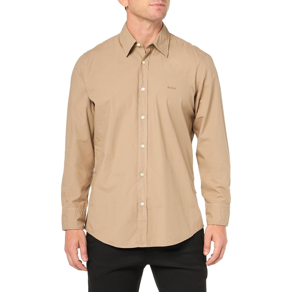 image:imageBOSS Mens Solid Cotton Garment Dyed Button Down ShirtDesert Taupe
