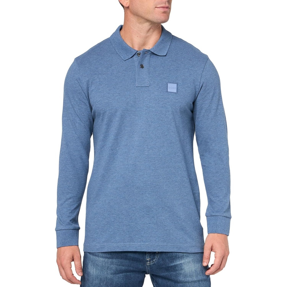 image:imageBOSS Mens Square Patch Logo Slim Fit Long Sleeve Polo ShirtChambray Blue