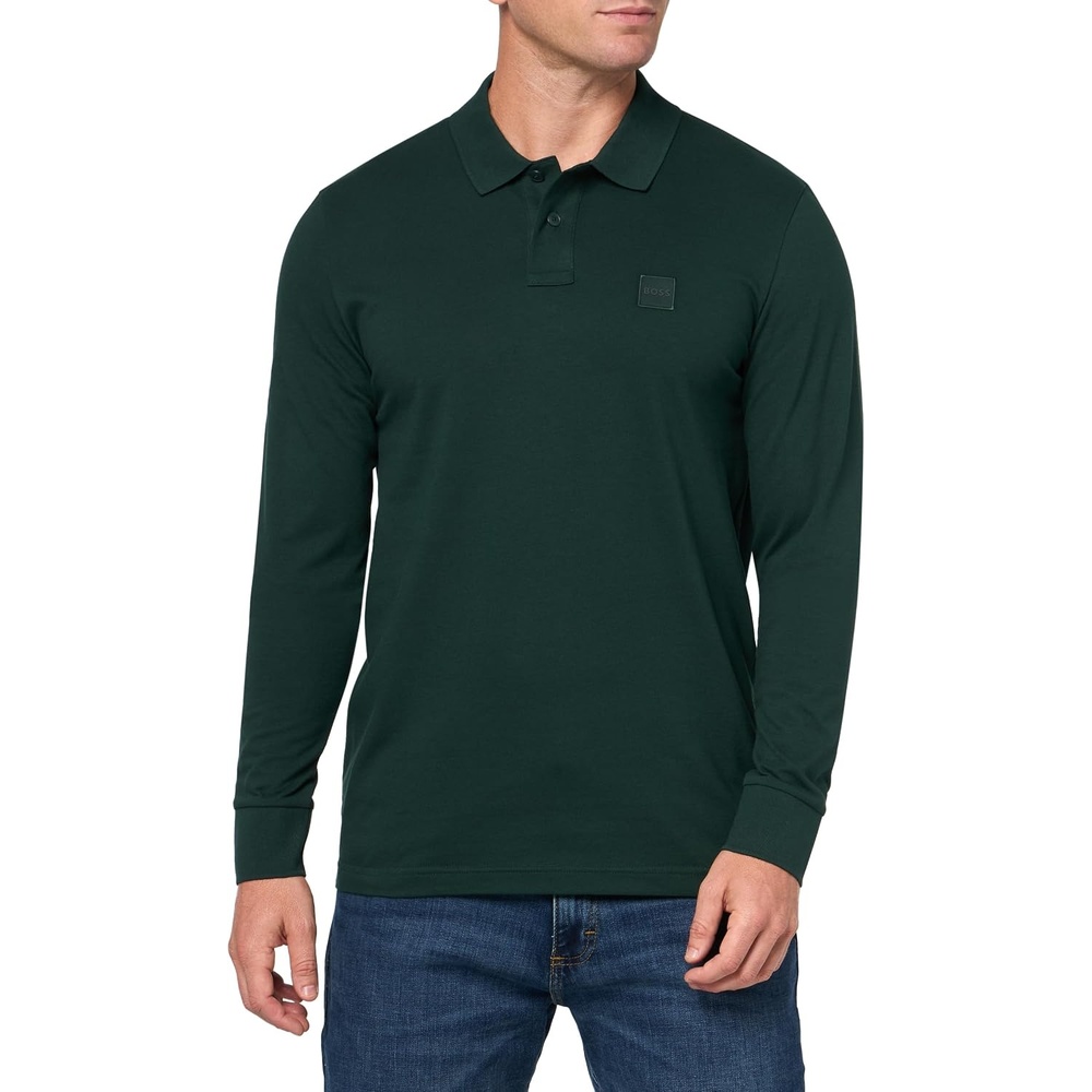 image:imageBOSS Mens Square Patch Logo Slim Fit Long Sleeve Polo ShirtDark Forest Green