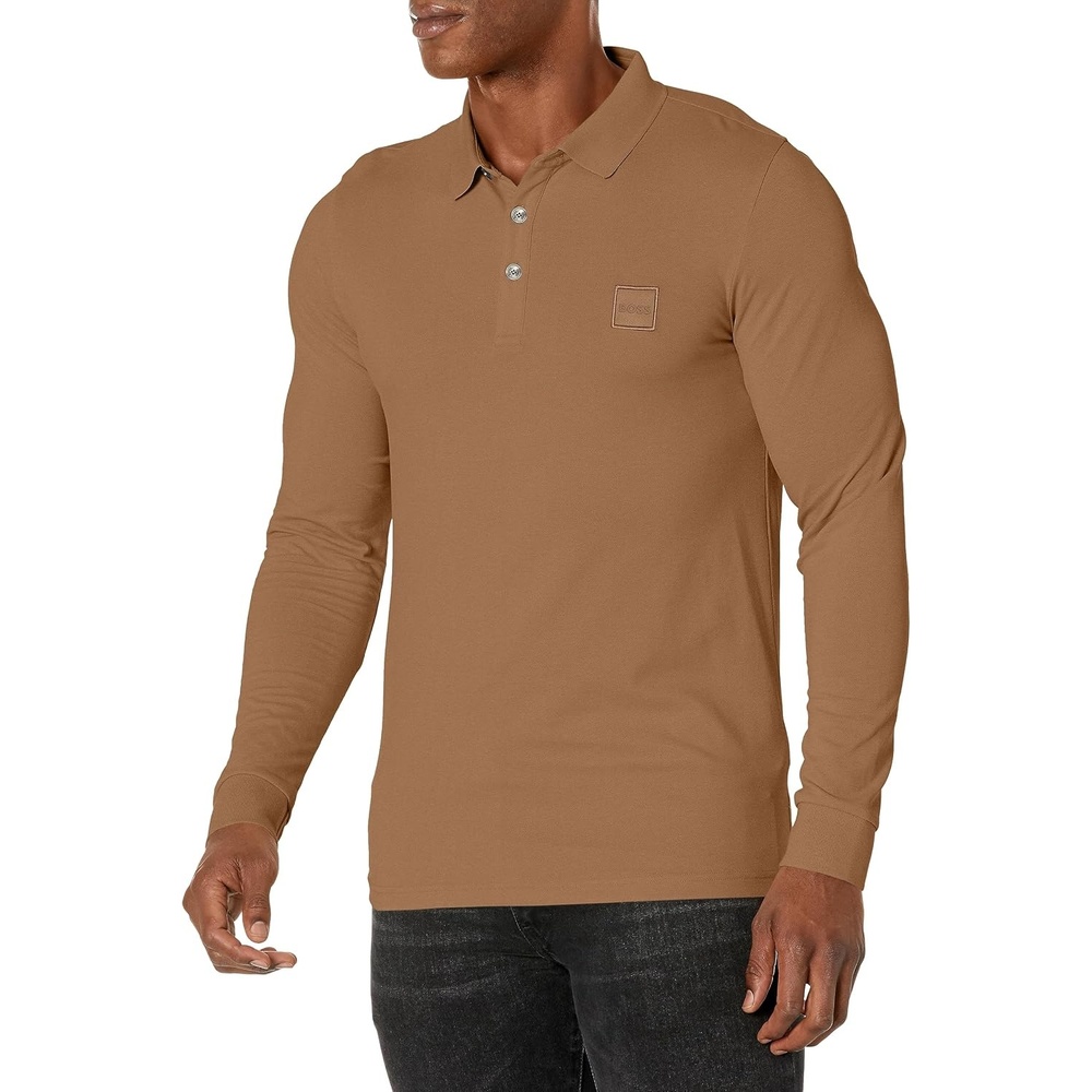 image:imageBOSS Mens Square Patch Logo Slim Fit Long Sleeve Polo ShirtDark Khaki Beige