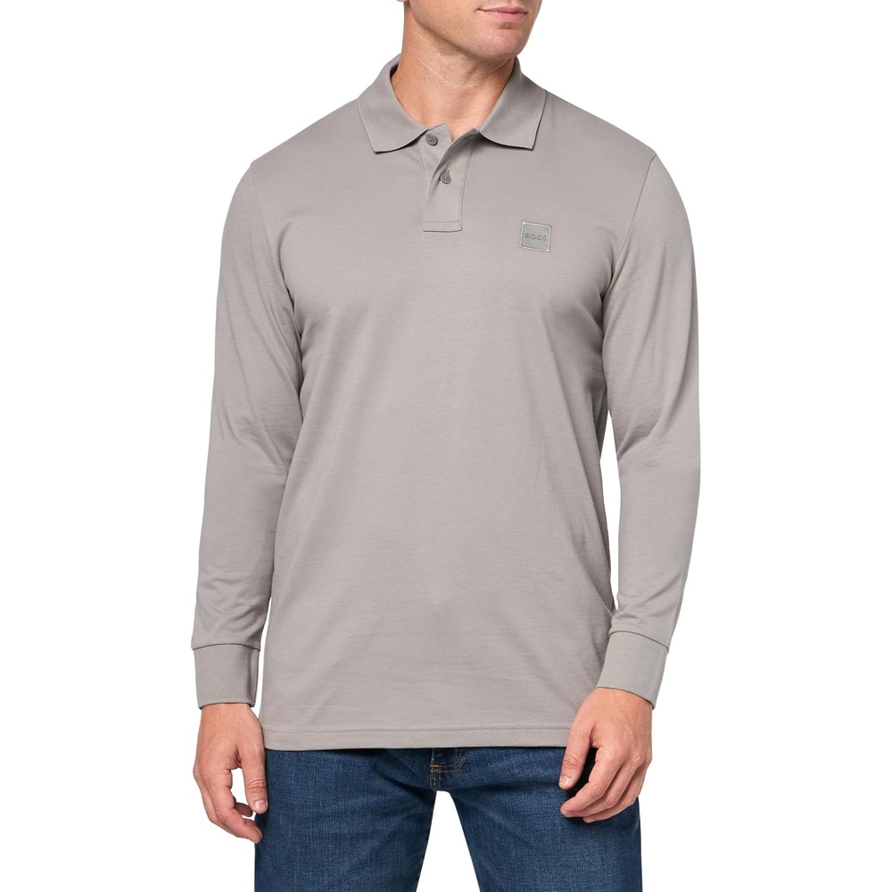 image:imageBOSS Mens Square Patch Logo Slim Fit Long Sleeve Polo ShirtHigh Rise Grey