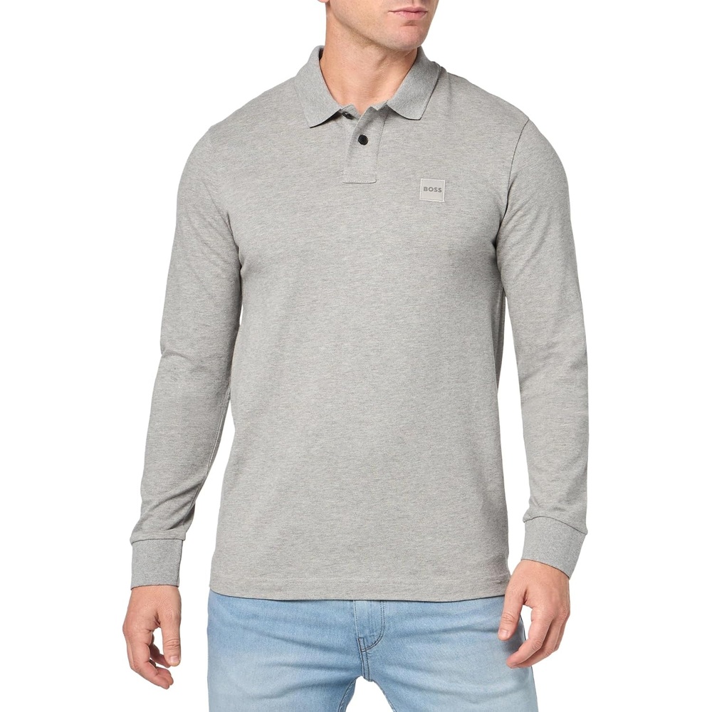 image:imageBOSS Mens Square Patch Logo Slim Fit Long Sleeve Polo ShirtLight Feather Grey Melange