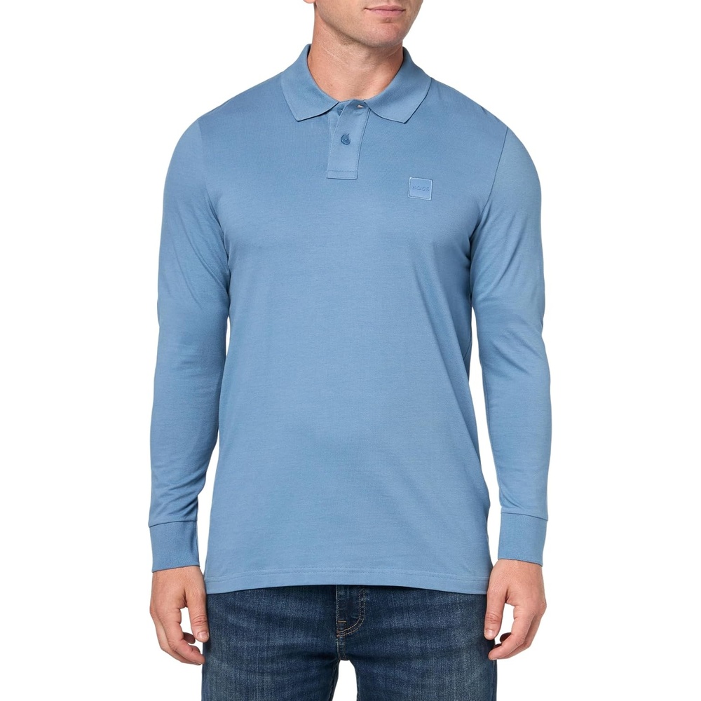 image:imageBOSS Mens Square Patch Logo Slim Fit Long Sleeve Polo ShirtNiagara Mist