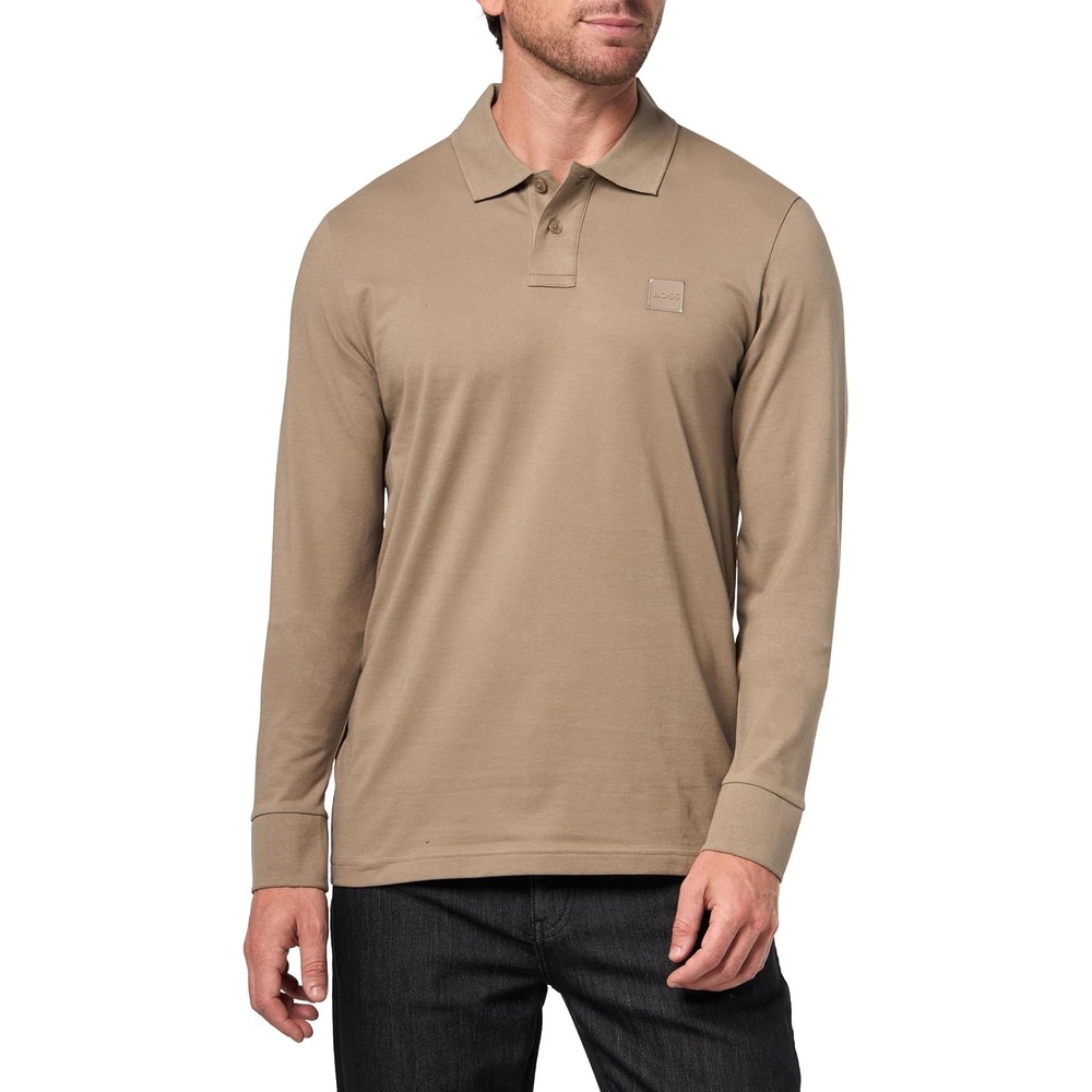 image:imageBOSS Mens Square Patch Logo Slim Fit Long Sleeve Polo ShirtOlive Night