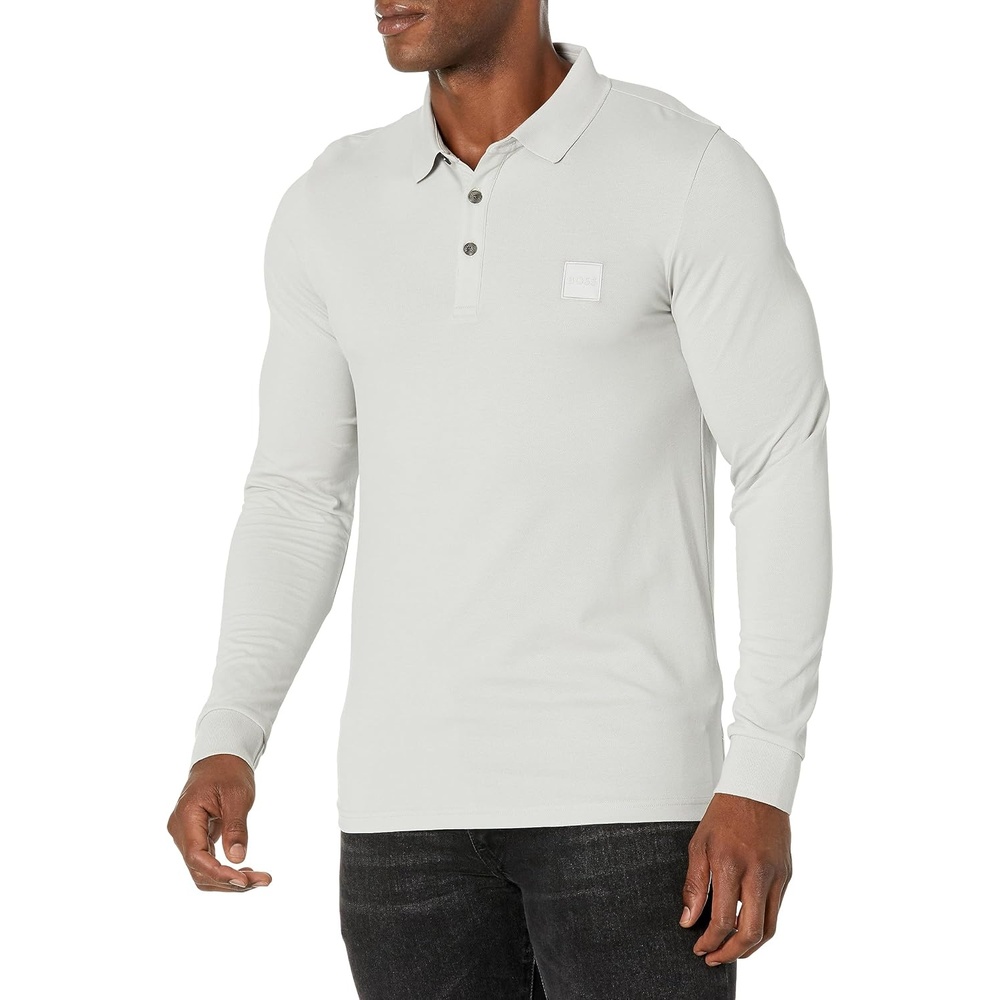 image:imageBOSS Mens Square Patch Logo Slim Fit Long Sleeve Polo ShirtRise Grey