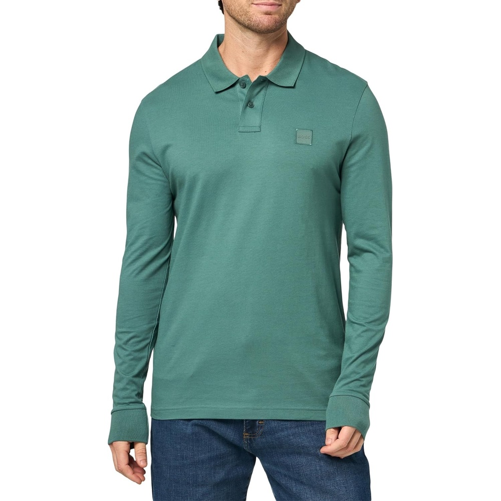 image:imageBOSS Mens Square Patch Logo Slim Fit Long Sleeve Polo ShirtSilver Pine