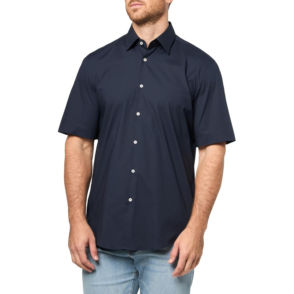 image:imageBOSS Mens Stretch Poplin Short Sleeve Button Down ShirtPremium Navy