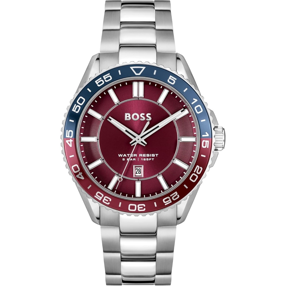 image:imageBOSS Runner Mens 3H Quartz Watch Stainless Steel 5ATM50m Water Resistant  Sporty and OnTrend Timepiece  Gift for Him 44mmSilverRed