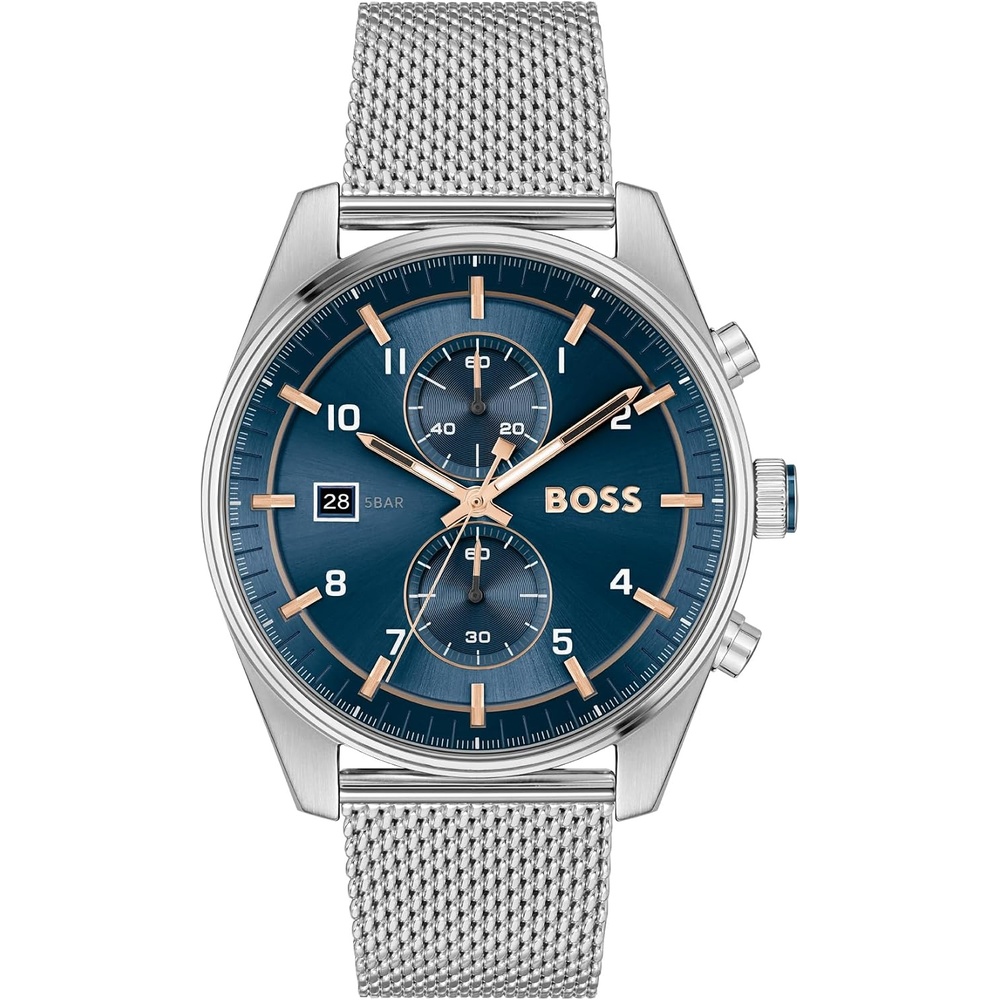 image:imageBOSS Skytraveller Mens 44mm Chronograph Quartz WatchBlue Silver Mesh