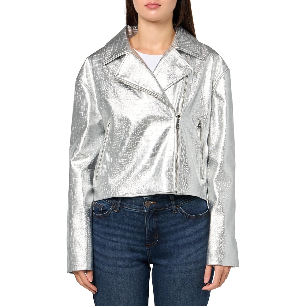 image:imageBOSS Womens Jaby Textured Friendly Leather Cropped JacketCroc Silver