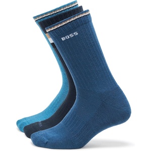 BOSS Men’s 3 Pack Iconic Stripe Front Logo Ribbed Socks(Sky Captain  Slate Blue  Black)