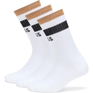 BOSS Men’s 3 Pack Iconic Stripe Front Logo Ribbed Socks(White Gloss)