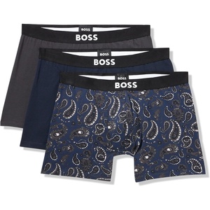 BOSS Men’s Bold Logo 3 Pack Smooth Boxer Briefs(Navy Bandana/Navy/Asphalt)