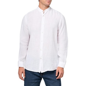 BOSS Men’s Linen Mandarin Collar Button Down Shirt(Powder White)