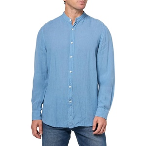 BOSS Men’s Linen Mandarin Collar Button Down Shirt(Quartz Blue Fade)