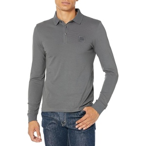BOSS Men’s Square Patch Logo Slim Fit Long Sleeve Polo Shirt(Asphault Grey)