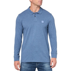 BOSS Men’s Square Patch Logo Slim Fit Long Sleeve Polo Shirt(Chambray Blue)