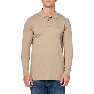 BOSS Men’s Square Patch Logo Slim Fit Long Sleeve Polo Shirt(Desert Taupe)