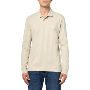 BOSS Men’s Square Patch Logo Slim Fit Long Sleeve Polo Shirt(Navajo Cream)